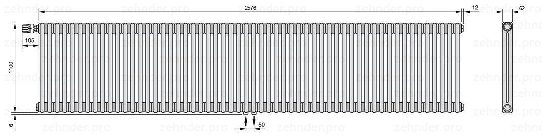 Схема (чертеж) Радиатор Zehnder Charleston 2110/56 №V007 Белый глянцевый RAL 9016